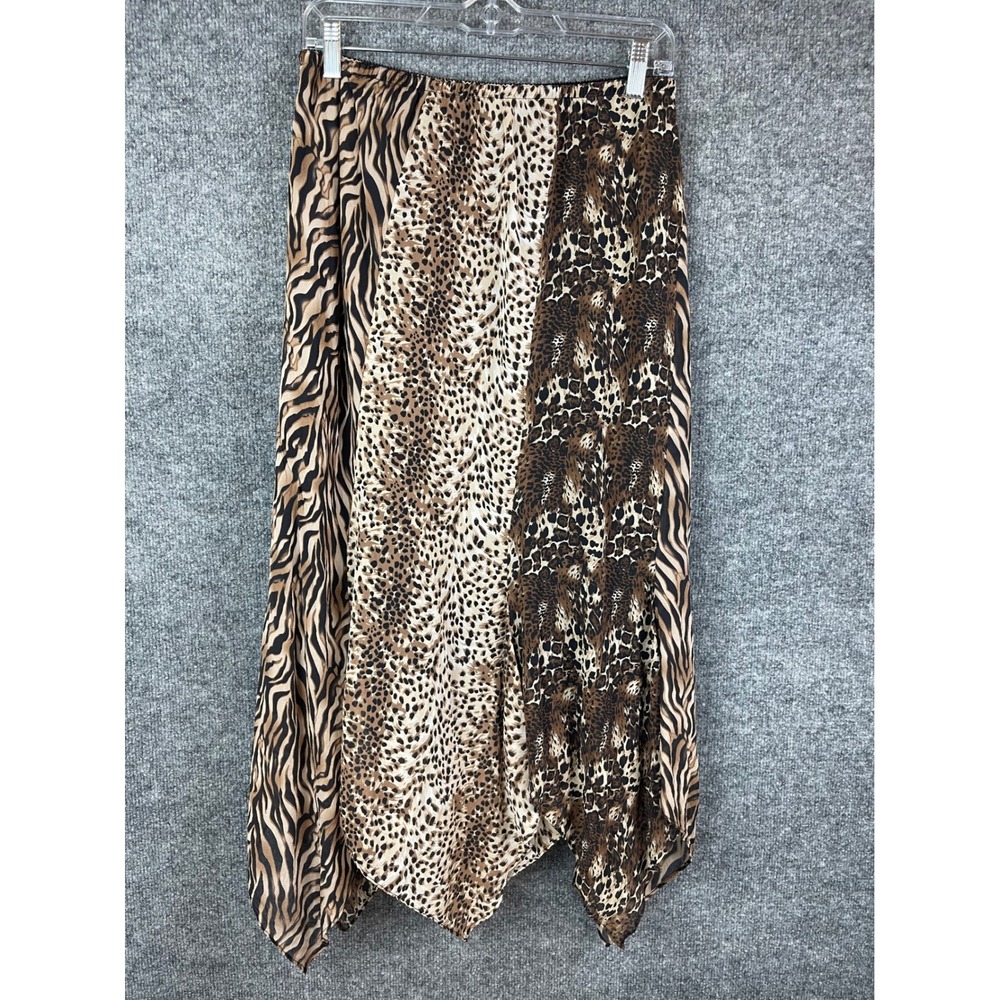 Chicos 100% Silk Midi Skirt Women's 2 Brown Mixed Animal Print Handkerchief